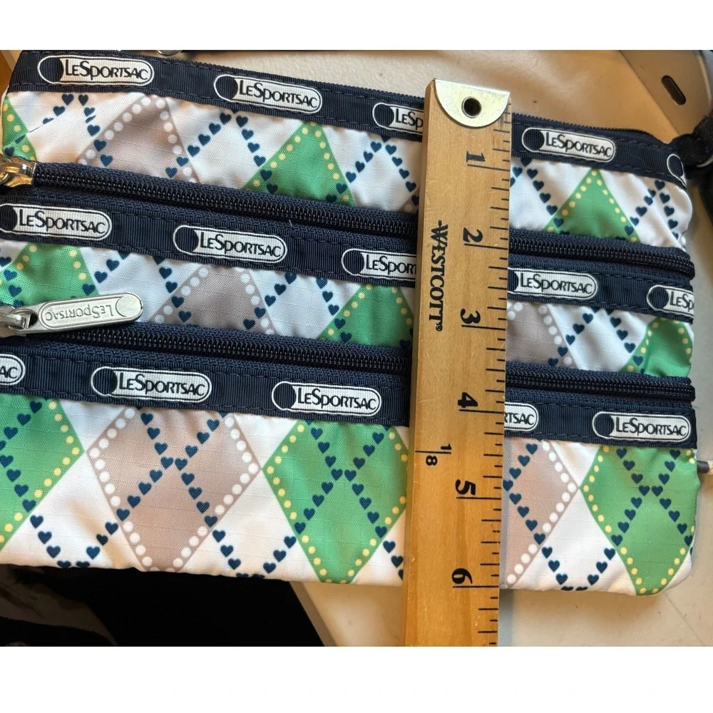 LeSportsac 3-Zip Cosmetic Pouch Womens Wallet Small Green Argyle‎ Wristlet Bag